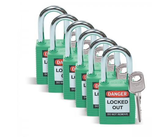 SFTY PADLOCK STEEL 38MM SHA GREEN 6/PAC Güvenlik Asma Kilitleri — Standart