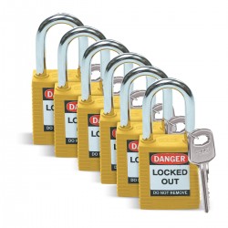 SFTY PADLOCK STEEL 38MM SHA YELLOW 6/PAC Güvenlik Asma Kilitleri — Standart
